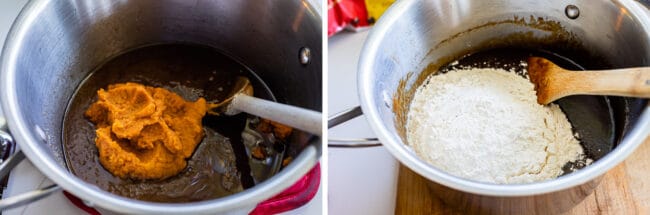 adding pumpkin and flour to blondie batter in a saucepan.