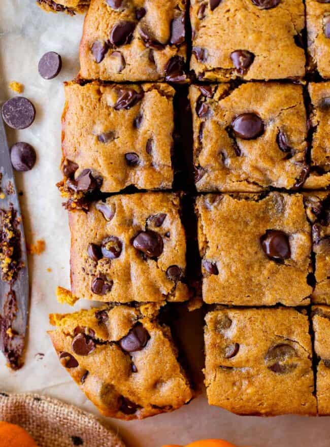 pumpkin chocolate bars sliced with a knife off to the side.