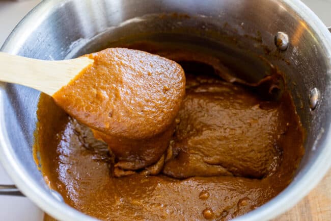 batter for pumpkin bars with chocolate chips.