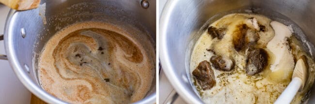 browned butter and mixing sugar and brown sugar into butter.