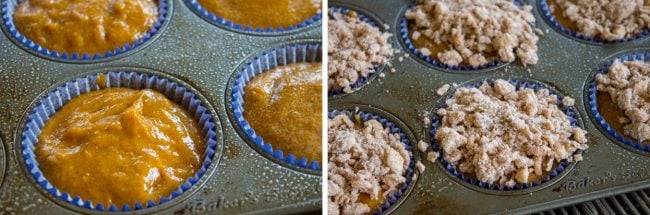 Pumpkin Cream Cheese Muffins from The Food Charlatan. There is no better way to welcome fall than with these Pumpkin Cream Cheese Muffins! A moist, tender, ultra pumpkin-y muffin, filled with sweetened cream cheese, and topped with cinnamon sugar crunch topping! They are irresistible! If it's too hot where you are, these muffins are guaranteed to make the leaves start falling off your trees. #muffin #pumpkin #fall #fallbaking #creamcheese #filling #filled #crumbtopping #topping #best #moist #cinnamon #pumpkinpie #pumpkinpiespice #thanksgiving #autumn #starbucks #copycat #tall #baking adding streusel on top of muffins.