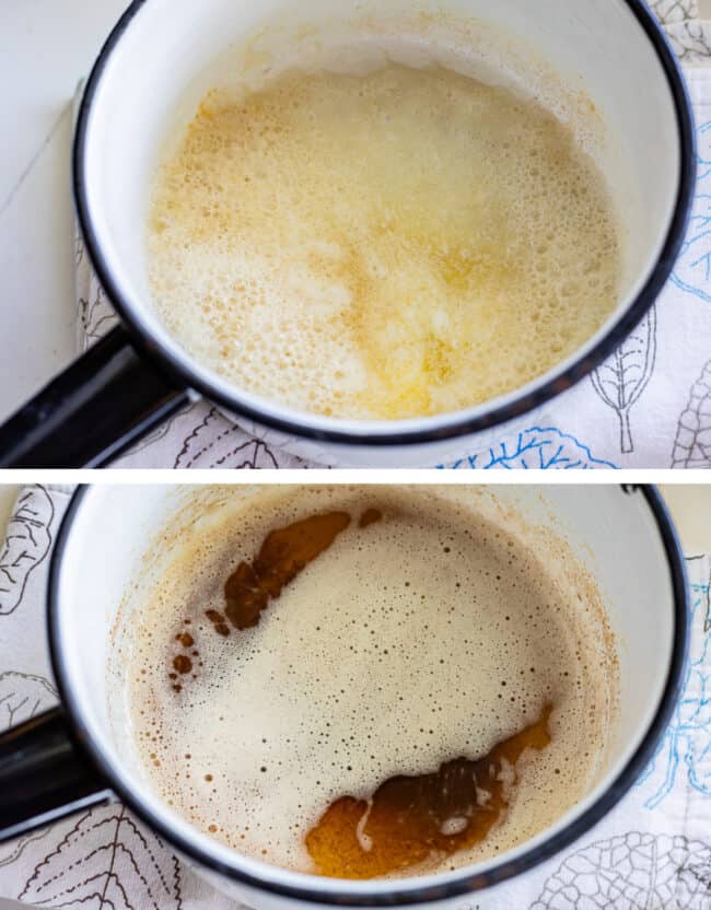 melted butter and browned butter in a white pot.