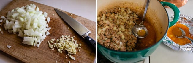 Zuppa Toscana Copycat (Sausage, Potato, and Kale Soup) From The Food Charlatan. Zuppa Toscana is a rich and creamy, soul-satisfying soup made with Italian sausage, potatoes, and hearty kale. It’s a copycat recipe of the famous soup at Olive Garden. I could eat this stuff for days! #zuppatoscana #soup #easy #recipe #olivegarden #onepot #zuppa #toscana #copycat #copy #sausage #potatoes #creamy #cream #halloween #fallsoup #fall #hearty #kale #italiansausage #betterthan Chopping onions for soup, draining italian sausage
