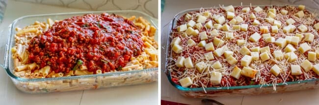 The Best Baked Ziti from The Food Charlatan. This recipe is a favorite! Italian sausage marinara, cottage cheese, and fresh basil combine to make this decadent casserole. The best part is the mozzarella that's chopped instead of shredded. They melt into pools of cheesy glory. We've always called it "Postpartum Ziti" because it makes a TON and is perfect for bringing to new moms! #bakedziti #pasta #ziti #easy #recipe #marinara #italiansausage #best #foracrowd #classic #cheesy #mozzarella adding red sauce to ziti, topping ziti and sauce with cubed mozzarella and parmesan cheese in a baking pan.