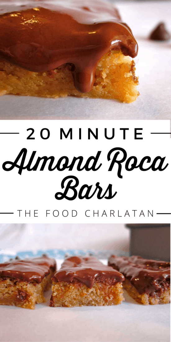 almond roca bars with chocolate dripping down the side
