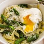 Asparagus and Poached Eggs over Pasta from TheFoodCharlatan.com