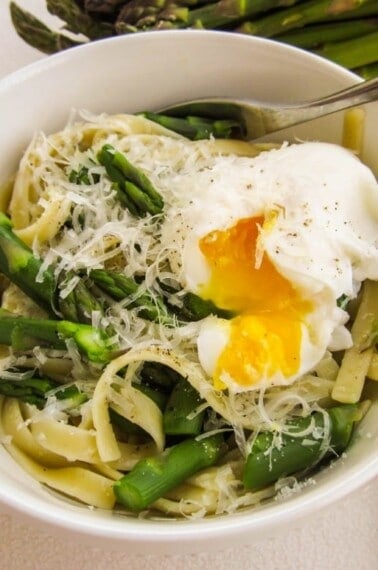 Asparagus and Poached Eggs over Pasta from TheFoodCharlatan.com
