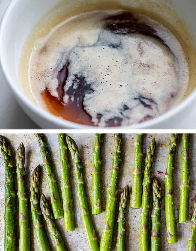 Browned butter in a white bowl and asparagus on a sheet pan. 