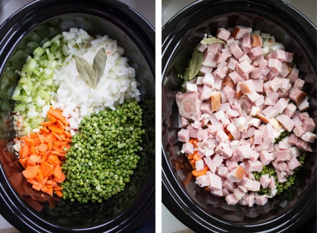 ingredients for split pea soup in the slow cooker. 