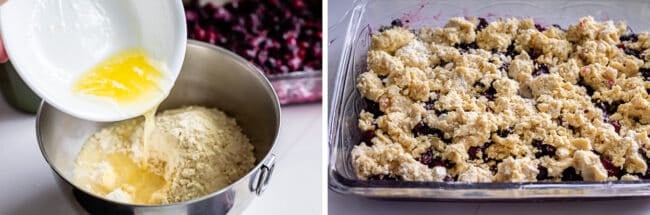 mixing butter into cake mix for berry cobbler topping and adding it to a pan with berry filling.