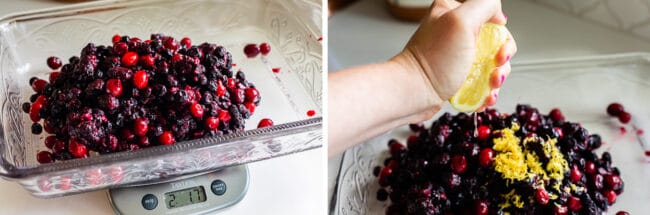 mixed frozen berries in a pan with lemon zest and juice.
