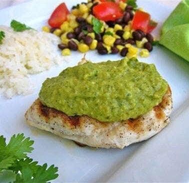 Chicken with Creamy Poblano, Tomatillo, and Avocado Sauce from TheFoodCharlatan.com