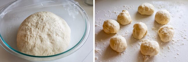 Homemade Naan Bread Recipe from The Food Charlatan. Make restaurant quality Naan Bread at home! If you have never tasted a fresh, tender, buttery homemade naan, you're totally missing out. I will show you just how easy this recipe is to put together and gives you the perfect receptacle for cleaning up all the curry on your plate! #naan #Indian #easy #recipe #curry #breadrecipe #yeast #garlic #homemade #flatbread #yogurt #parsley #sidedish #bread homemade naan bread dough risen in a glass bowl and divided into 8 balls.