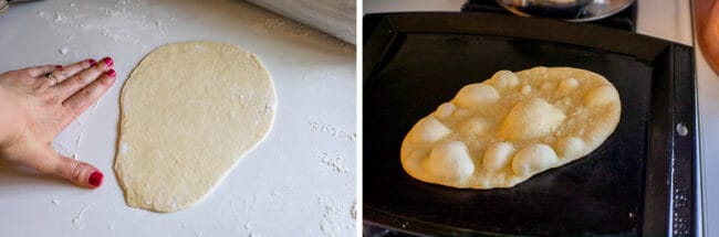 Homemade Naan Bread Recipe from The Food Charlatan. Make restaurant quality Naan Bread at home! If you have never tasted a fresh, tender, buttery homemade naan, you're totally missing out. I will show you just how easy this recipe is to put together and gives you the perfect receptacle for cleaning up all the curry on your plate! #naan #Indian #easy #recipe #curry #breadrecipe #yeast #garlic #homemade #flatbread #yogurt #parsley #sidedish #bread naan bread rolled out and bubbling on a griddle.