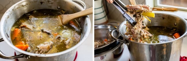 vegetables and carcass inside pot showing how to make turkey stock.