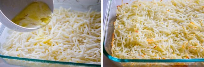 Cheesy Overnight Hashbrown Breakfast Casserole from The Food Charlatan. This Cheesy Hashbrown Breakfast Casserole is everything you need on Christmas morning! Hashbrowns are baked til crispy, then topped with eggs, cheese, and black forest ham. It's an overnight recipe to boot! Make ahead breakfasts ftw. #makeahead #cheese #breakfast #casserole #breakfastcasserole #easy #recipe #ham #blackforestham #Christmas #party #holildays #withhashbrowns #withpotatoes #overnight #makeahead #foracrowd #best breakfast casserole overnight recipe showing melted butter poured over frozen hash browns in a pan next to baked hash browns in a pan.
