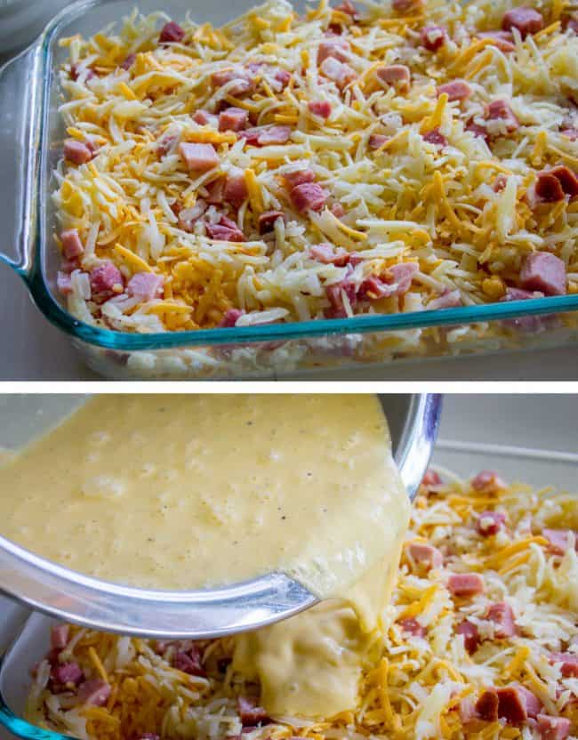 Cheesy Overnight Hashbrown Breakfast Casserole from The Food Charlatan. This Cheesy Hashbrown Breakfast Casserole is everything you need on Christmas morning! Hashbrowns are baked til crispy, then topped with eggs, cheese, and black forest ham. It's an overnight recipe to boot! Make ahead breakfasts ftw. #makeahead #cheese #breakfast #casserole #breakfastcasserole #easy #recipe #ham #blackforestham #Christmas #party #holildays #withhashbrowns #withpotatoes #overnight #makeahead #foracrowd #best Christmas morning casserole with hash browns and ham, uncooked in a dish next to a bowl of egg and cream mixture being poured over the dish.