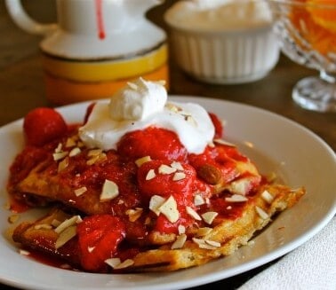 Healthier Almond Waffles with Strawberry-Orange Compote from TheFoodCharlatan.com