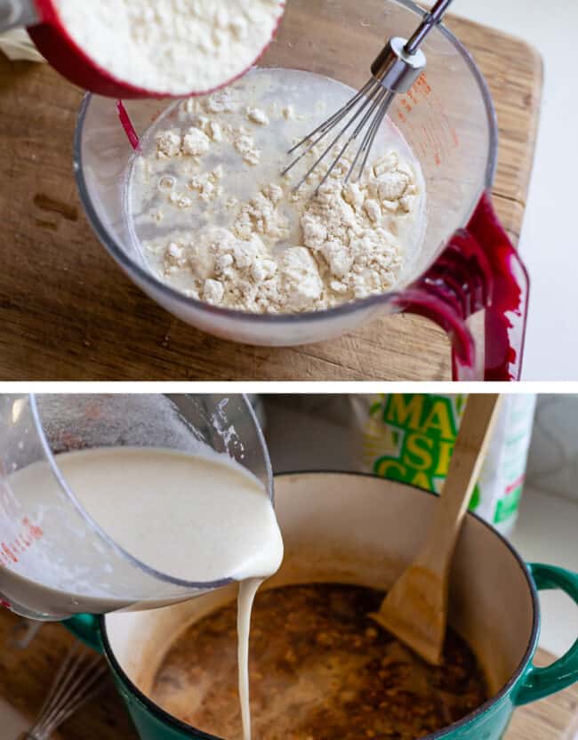 mixing masa into water and pouring the mixture into a soup pot.