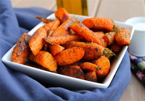 roasted carrots in a dish. 