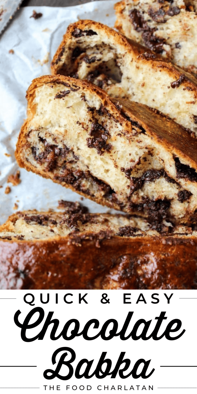 chocolate babka cut in slices.