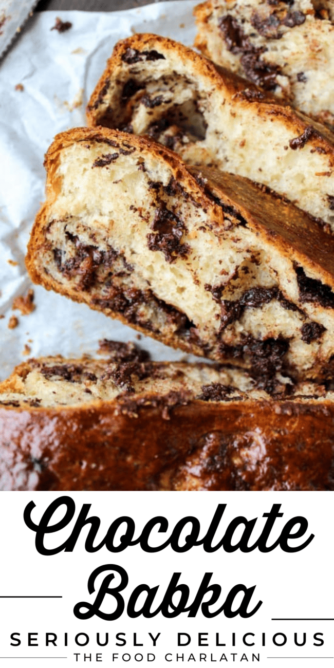 chocolate babka cut in slices.