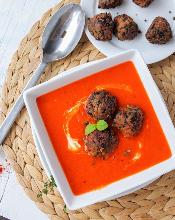 Red Pepper Soup with Black Bean “Meat”balls
