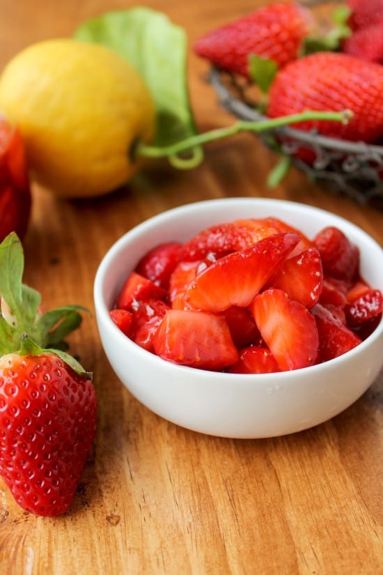 Fresh Strawberry Topping in a white bowl.