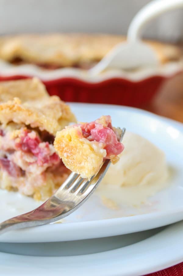 a slice of rhubarb custard pie on a plate with vanilla ice cream. 