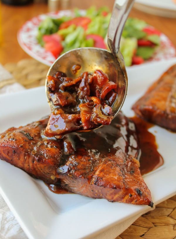 Balsamic Grilled Chicken with Spicy Honey Bacon Glaze from The Food Charlatan. This balsamic grilled chicken is SO full of flavor from the marinade. A quick stint on the grill and a 4-ingredient sauce top it off. Oh, did I mention the spicy honey and bacon? Yeah. #chicken #grilledchicken #grill #honey #bacon #marinade #balsamic #glaze #summer #healthy #recipe Spicy Honey Bacon Glaze on Salmon