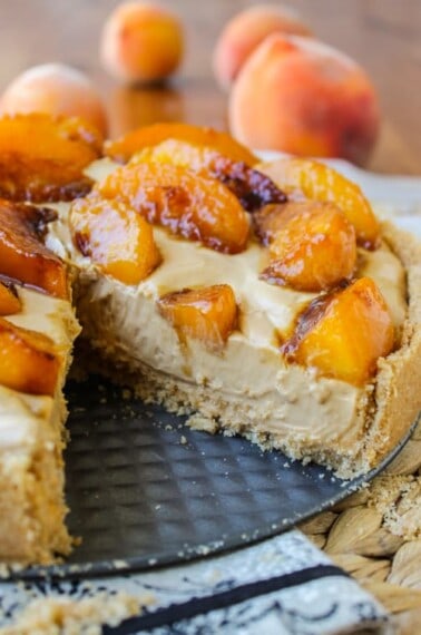 No Bake Dulce de Leche Cheesecake with Caramelized Peaches