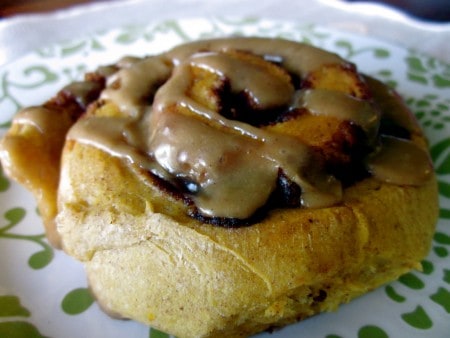 Pumpkin Cinnamon Rolls with Caramel Frosting from The Food Charlatan