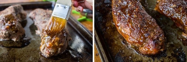 brushing glaze on slow cooked pork tenderloin for broiling.