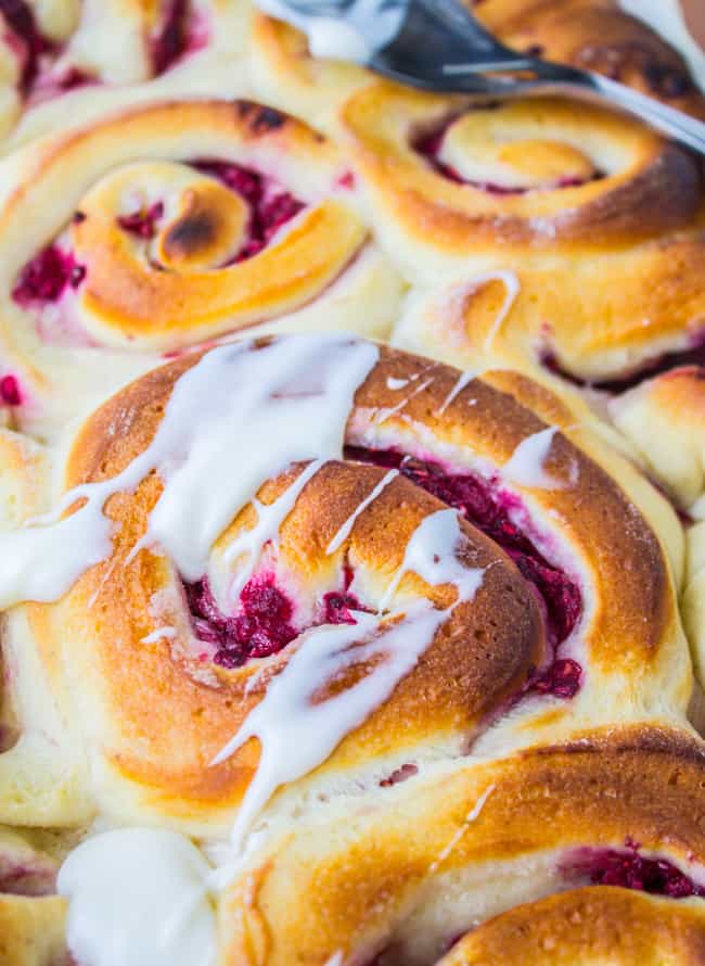 Raspberry Sweet Rolls with Coconut Cream Cheese Frosting from The Food Charlatan
