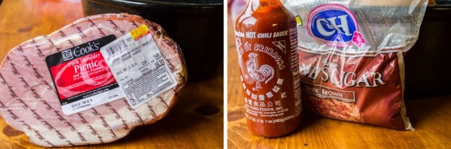 Easy Sriracha Ham ingredients: ham, sriracha and brown sugar.