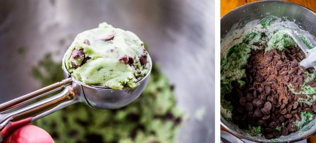 Mint Chocolate Chip Cookies from The Food Charlatan. These Mint Chocolate Chip Cookies are like eating the ice cream in the form of a warm, buttery, gooey cookie. They're crisp on the edges while perfectly tender and chewy in the center. #mint #chocolate #chip #cookies #peppermint #chocolatechip #gooey #chewy #easy #recipe #crisp Scooping mint dough into balls with cookie scoop, adding chocolate to dough in bowl
