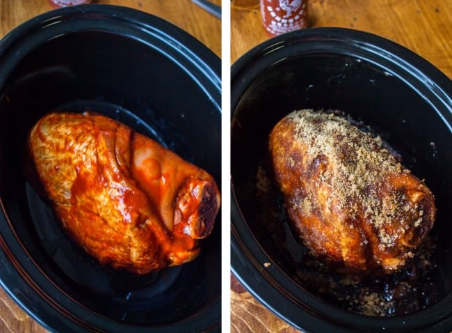 sugar and sriracha coated ham in a slow cooker.