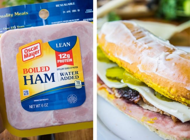 a package of boiled ham, an assembled Cuban sandwich buttered and ready for frying.