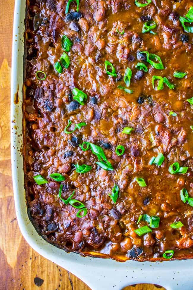 a pan of bacon and beef baked beans.