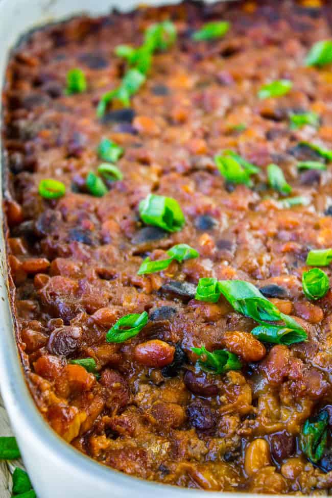 a pan of baked beans.
