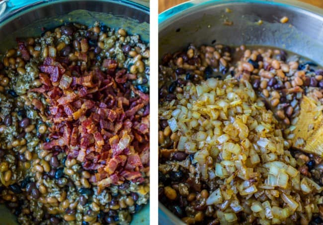 baked bean and beef mixture with bacon and onions on top.