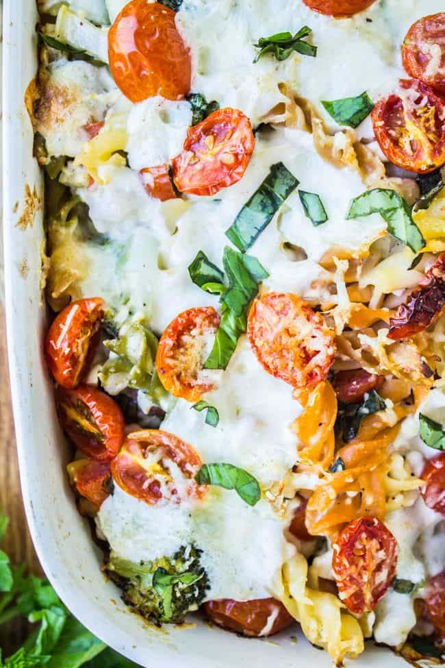 summer veggie pasta bake with melted mozzarella cheese.