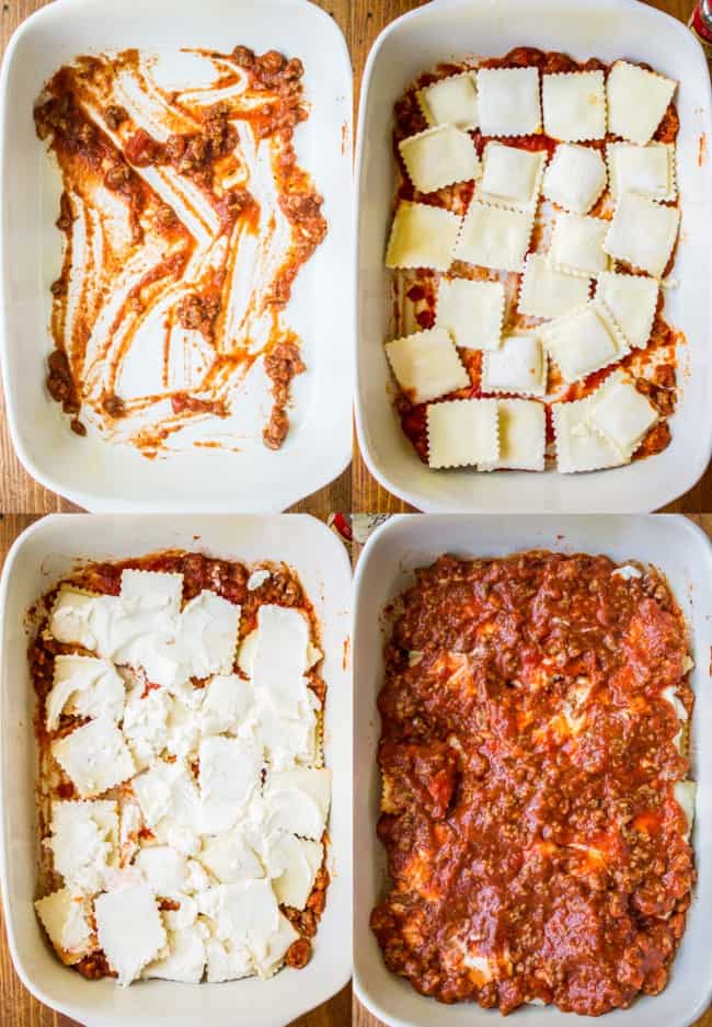 Easy Ravioli Lasagna from The Food Charlatan. This easy ravioli lasagna bake is a hearty no-brainer dinner to make on busy back-to-school nights. You don't even have to cook the ravioli, just throw it in frozen. It's a total crowd-pleaser! And a great make-ahead meal too. #ravioli #lasagna #frozen #quickdinner #ricotta #easy #cheese #mozzarella #marinara #freezermeal #makeahead layering sauce, ravioli, and ricotta cheese in a baking pan.