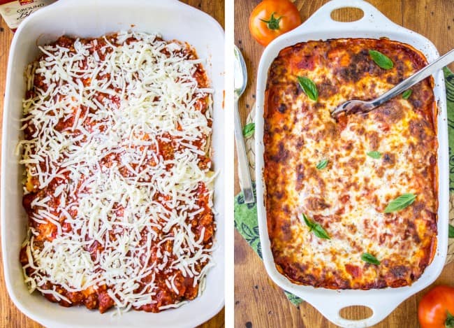 Easy Ravioli Lasagna from The Food Charlatan. This easy ravioli lasagna bake is a hearty no-brainer dinner to make on busy back-to-school nights. You don't even have to cook the ravioli, just throw it in frozen. It's a total crowd-pleaser! And a great make-ahead meal too. #ravioli #lasagna #frozen #quickdinner #ricotta #easy #cheese #mozzarella #marinara #freezermeal #makeahead adding shredded mozzarella to an unbaked lasagna, a baked lasagna.