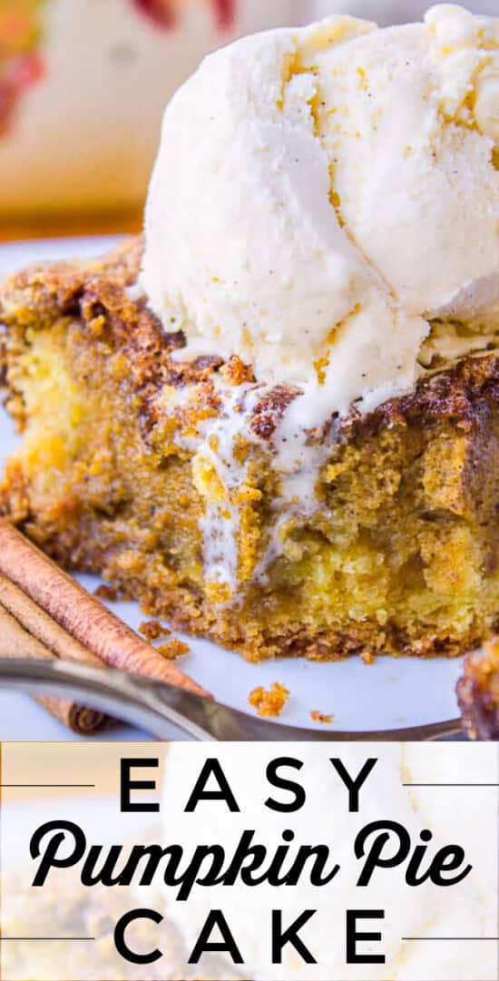 easy pumpkin pie cake with ice cream on top and cinnamon sticks