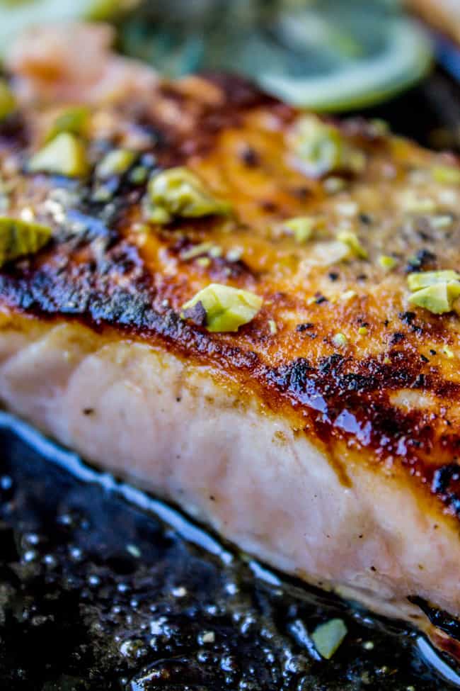Close up of maple glazed salmon and pistachios. 