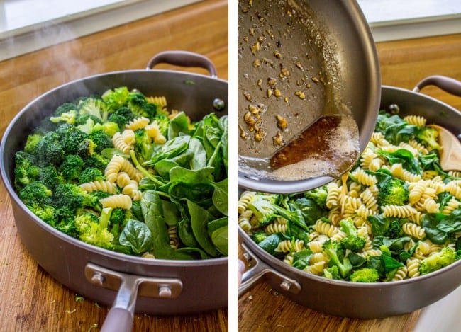 two images of broccoli, pasta, and spinach in a pan, being drizzled with sauce.