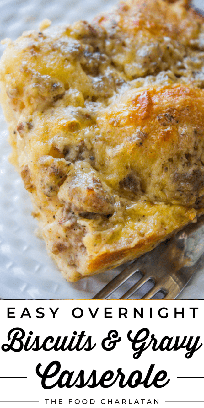 a slice of overnight biscuit and gravy casserole.