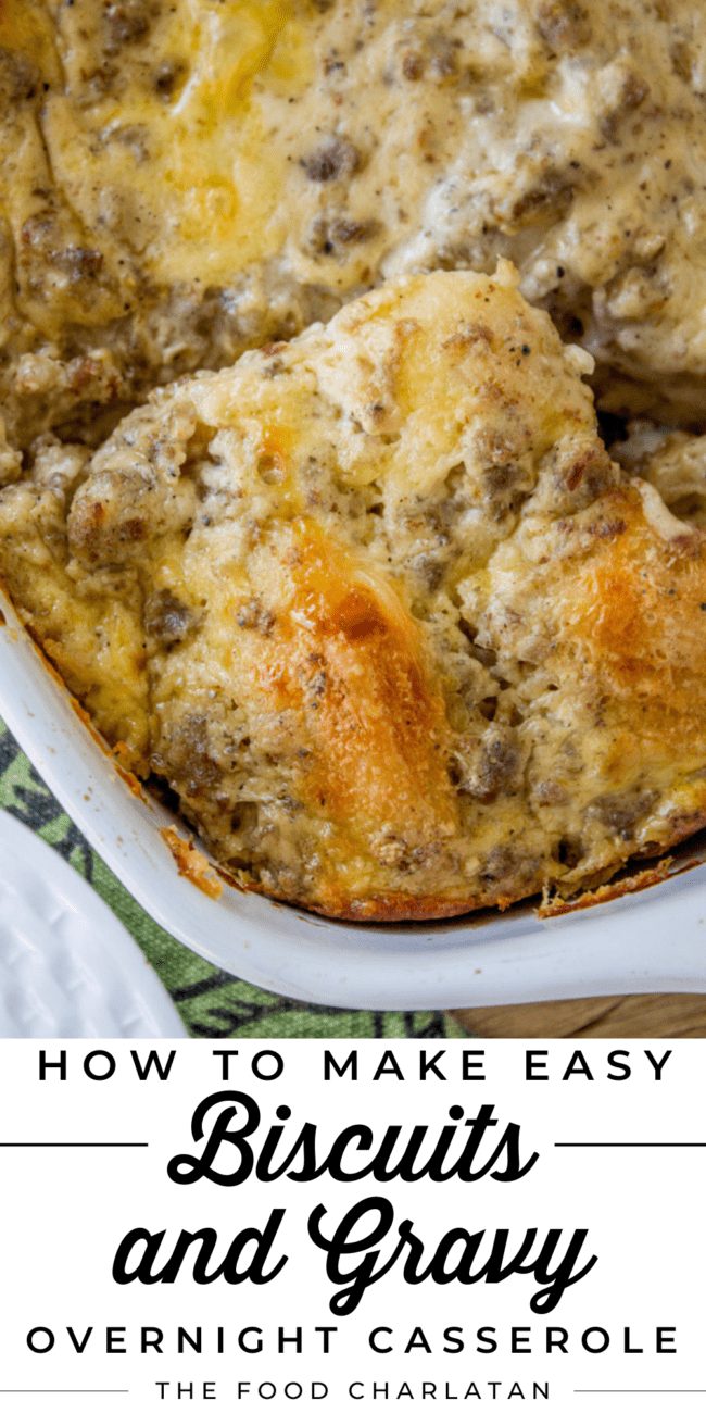 overnight biscuit and gravy casserole in a white baking dish.