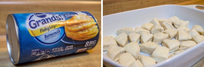 Overnight Biscuits and Gravy Casserole from The Food Charlatan. A quick and easy Biscuits and Gravy Casserole that you can make the night before! Just throw it in the oven in the morning. Use canned biscuits but homemade gravy. It is perfect for Christmas breakfast! #biscuits #gravy #breakfast #casserole #easy #overnight #makeahead #eggs #homemade Pillsbury Grands biscuits in the can and cut into pieces for making biscuit and gravy breakfast casserole.
